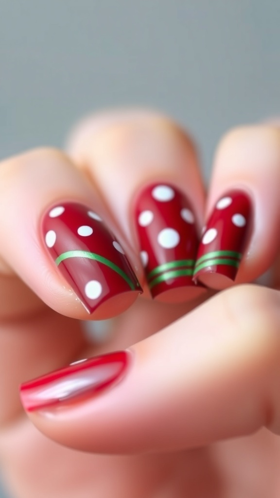 Minimalist Christmas nail art with red base, white dots, and green stripes.
